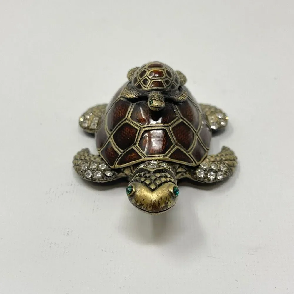 Sea Turtle & Baby Rhinestone Enamel Metal Trinket Pill Ring Box Hinged Magnetic